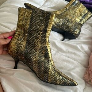 Gold and black snake print Beverly Feldman booties